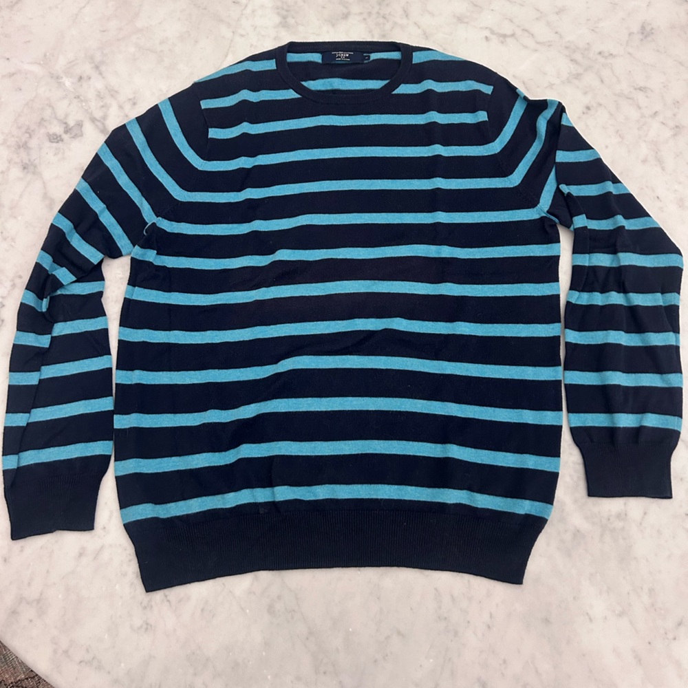 J. Crew Men's Crewneck Sweater - Navy and turquoise stripe, Size L